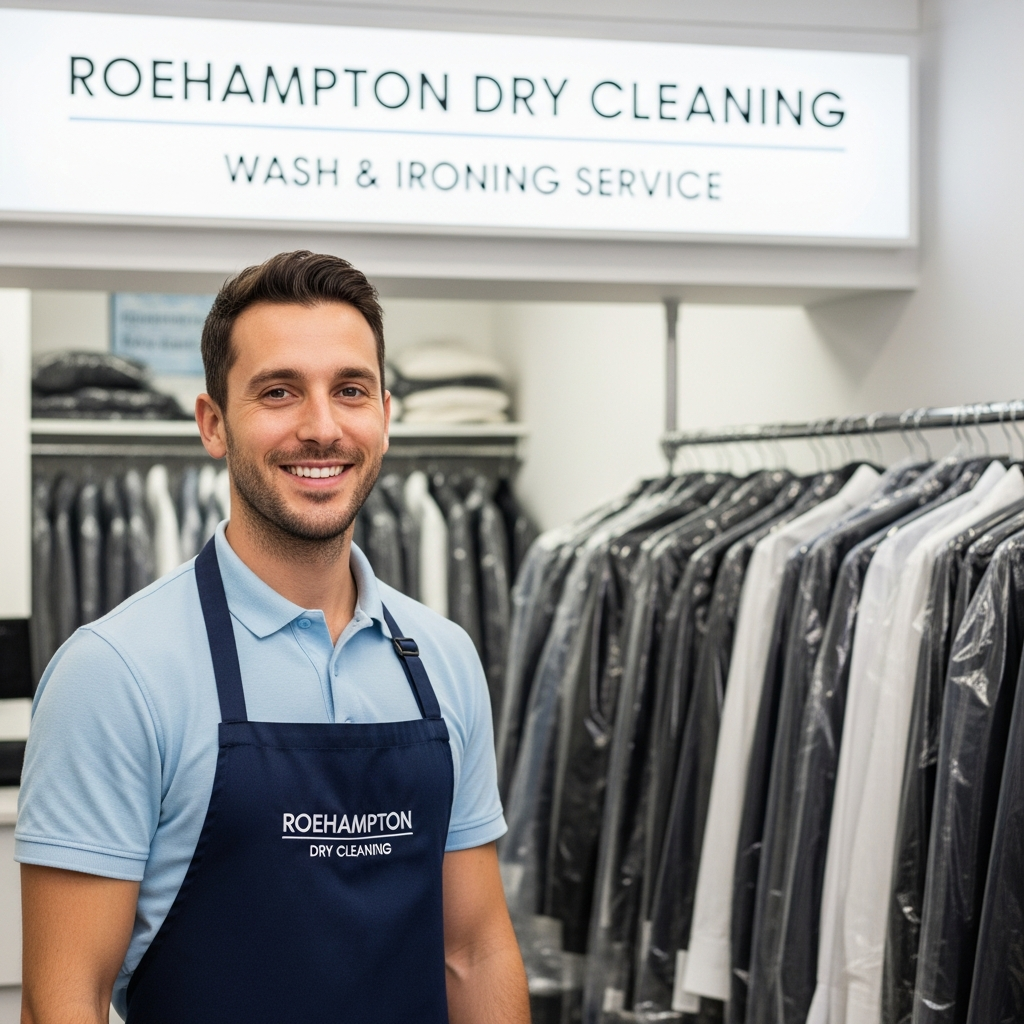 Friendly staff member at Roehampton dry cleaning facility wearing branded apron, standing in front of extensive racks of freshly cleaned garments offering wash and ironing services
